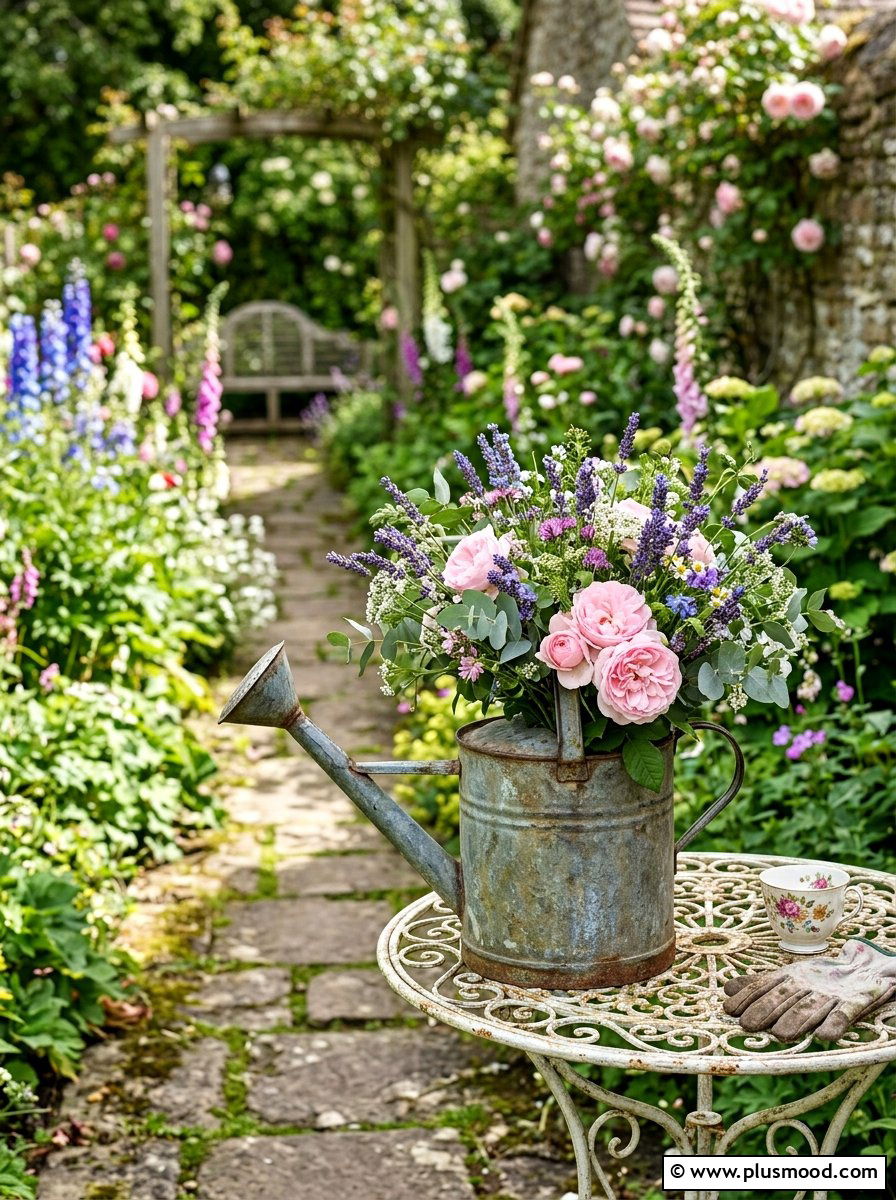 Vintage watering can bouquet - 25 summer outdoor centerpiece ideas