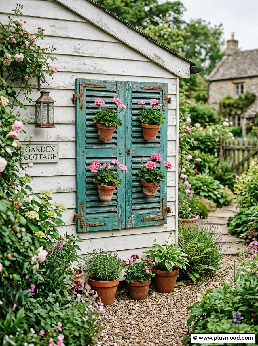Vintage window shutter wall art - 25 outdoor garden decor ideas with wall art