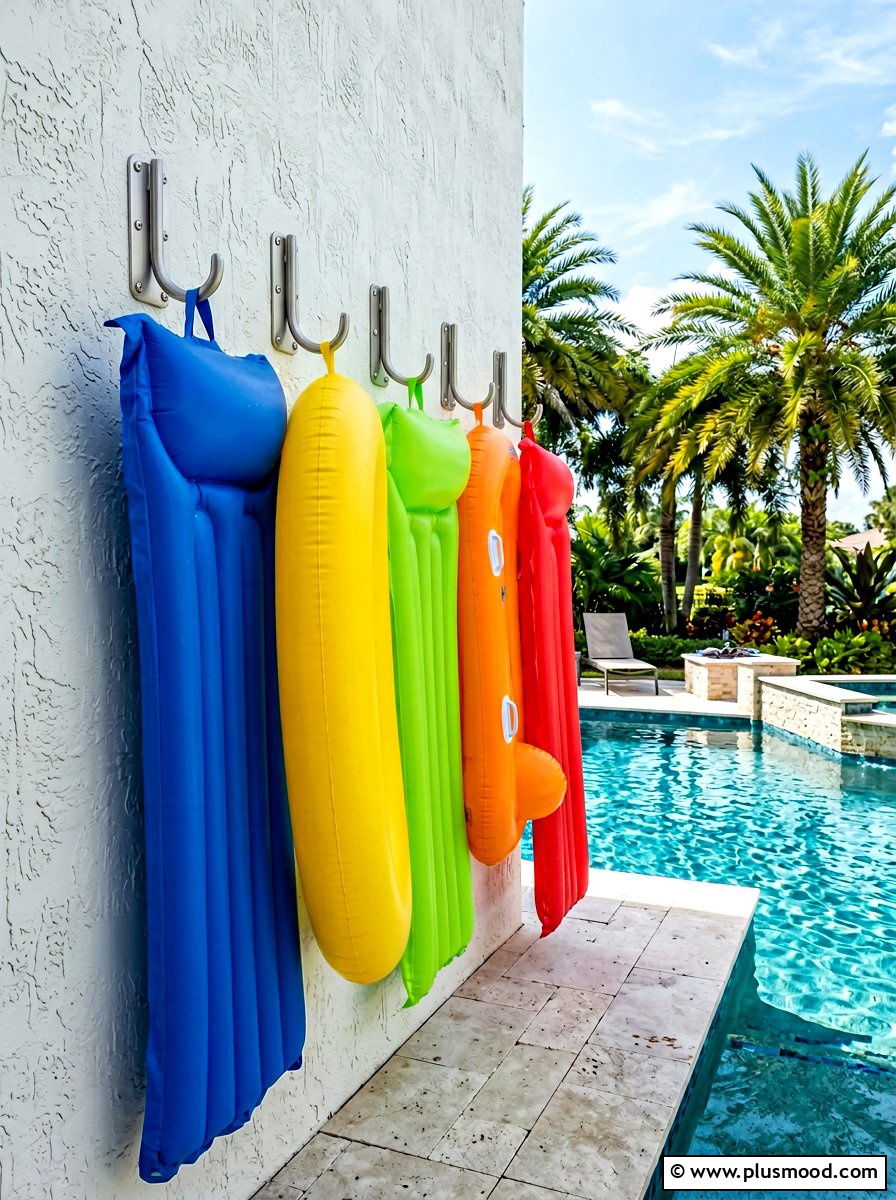 Wall Mounted Hooks - 25 summer pool float storage ideas