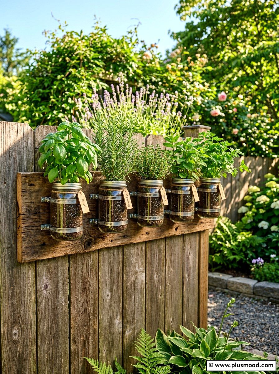Wall Mounted Mason Jar - 25 small backyard ideas with herb garden