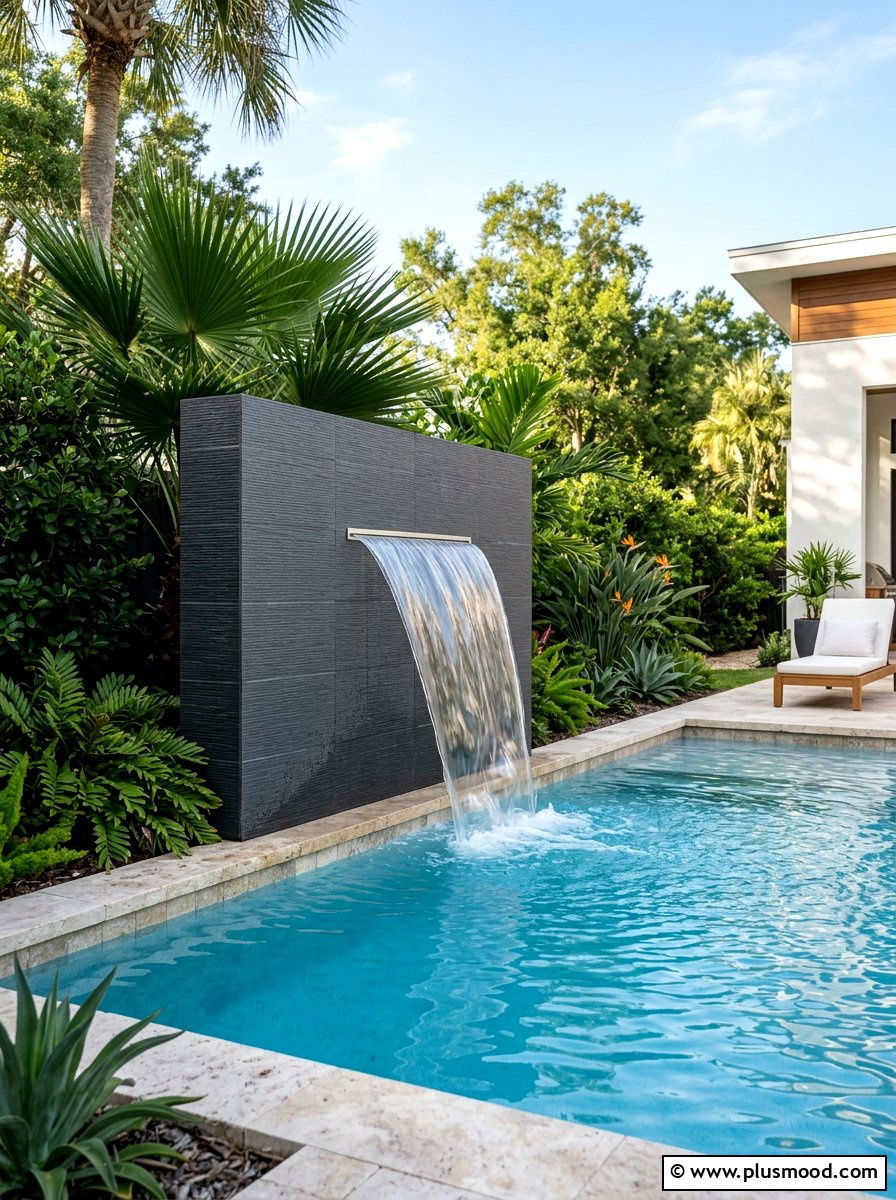 Wall mounted pool waterfall - 25 pool landscaping ideas for urban backyards