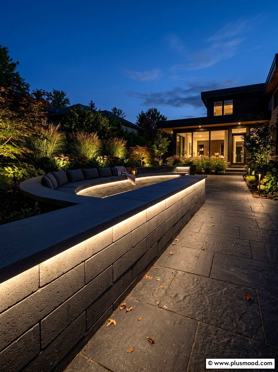 Wall with integrated lighting - 25 small backyard ideas with seating wall