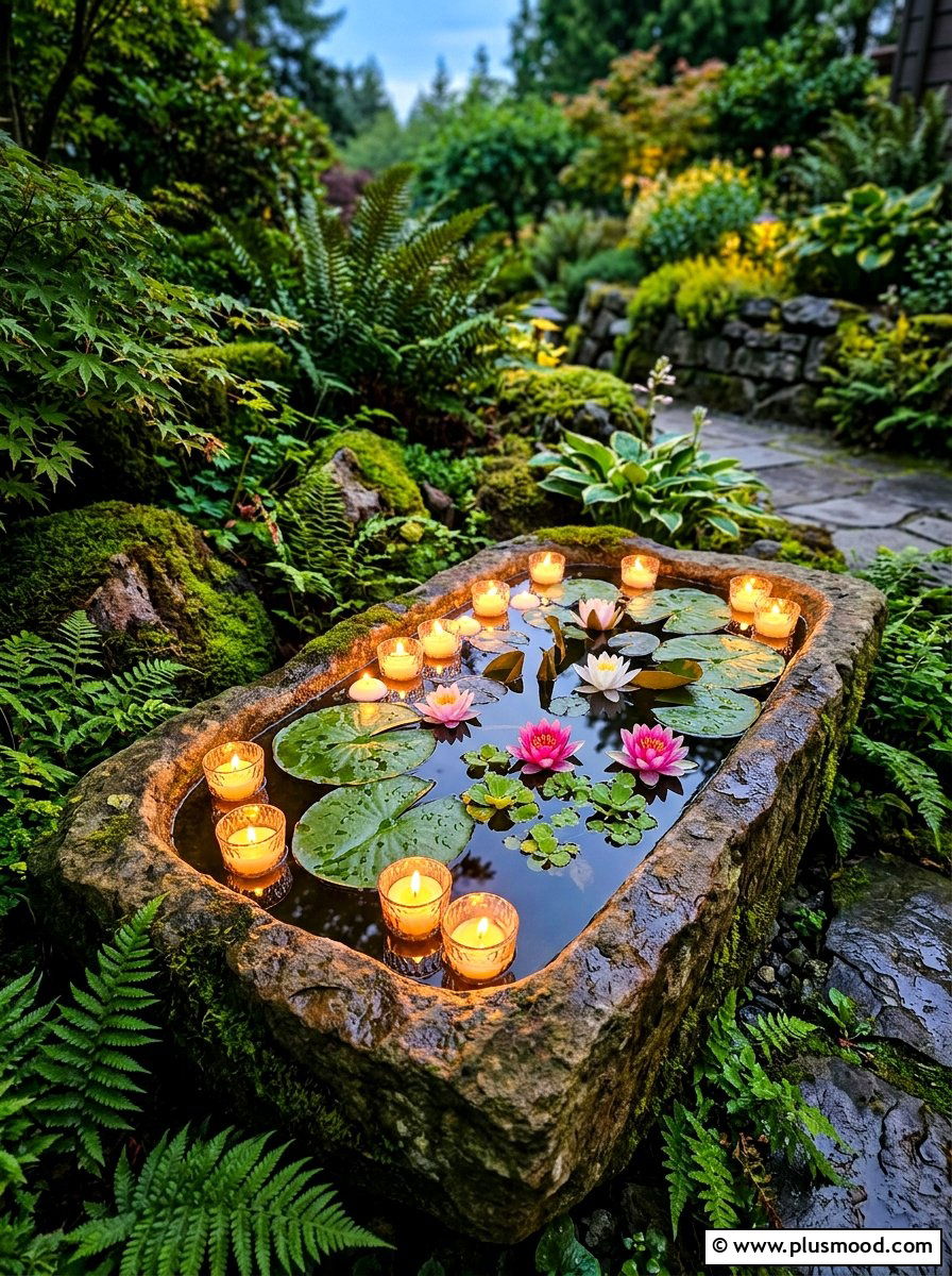 Water feature floating candles - 25 summer outdoor lighting ideas for parties