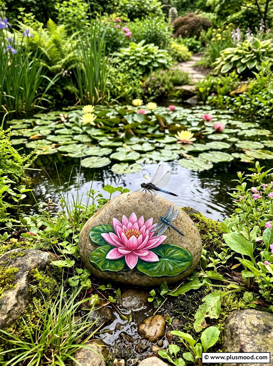Water lily dragonfly rock art - 25 painted rock ideas with dragonflies
