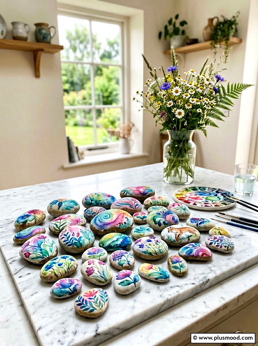 Watercolor effect rock painting - 25 painted rock ideas with tie dye effect