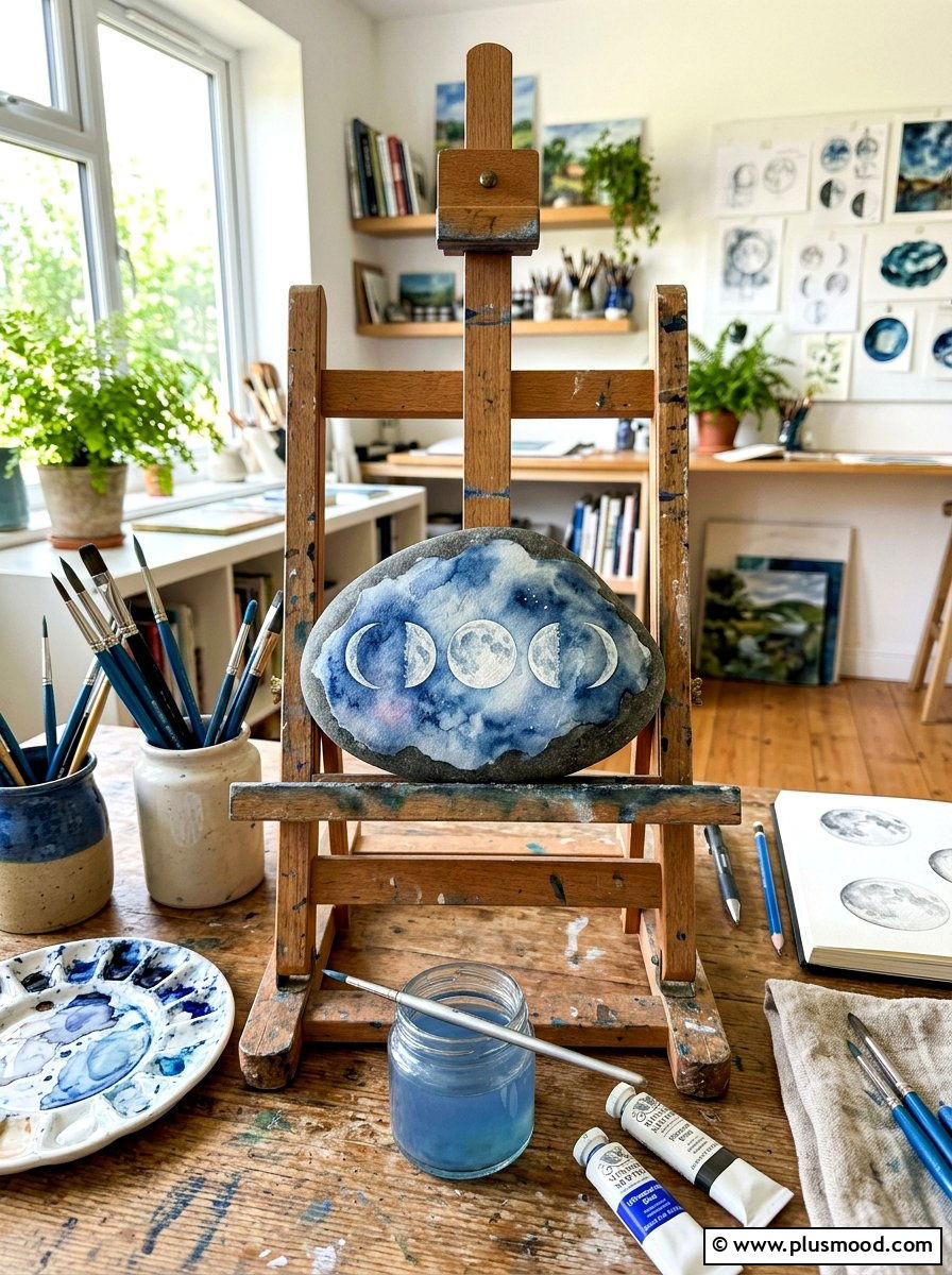 Watercolor lunar phase painting - 25 painted rock ideas with moon phases