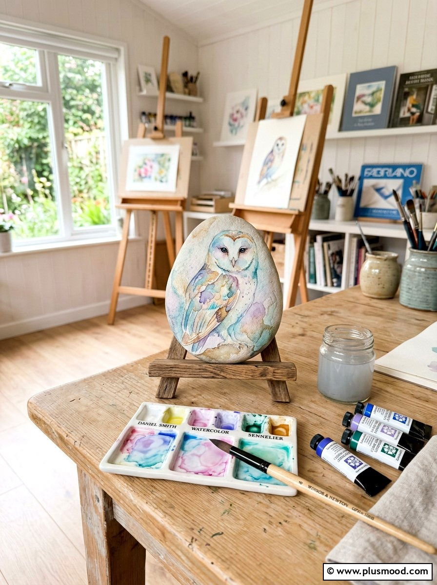 Watercolor style owl - 25 painted rock ideas with owls