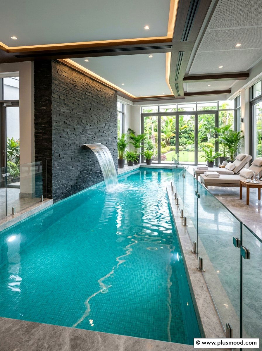 Waterfall Feature Indoor Pool - 25 pool landscaping ideas for indoor pools
