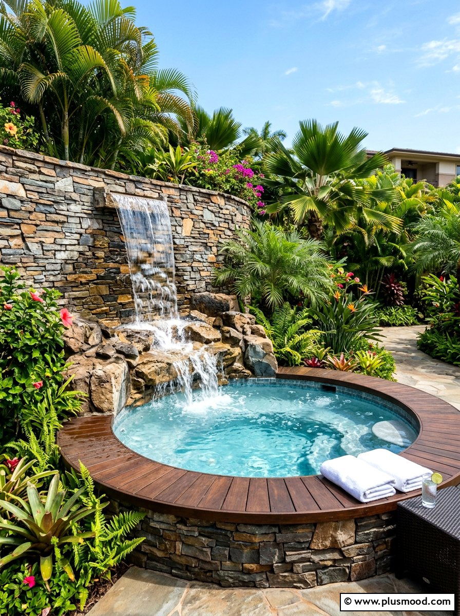 Waterfall Hot Tub Feature - 25 summer backyard spa ideas