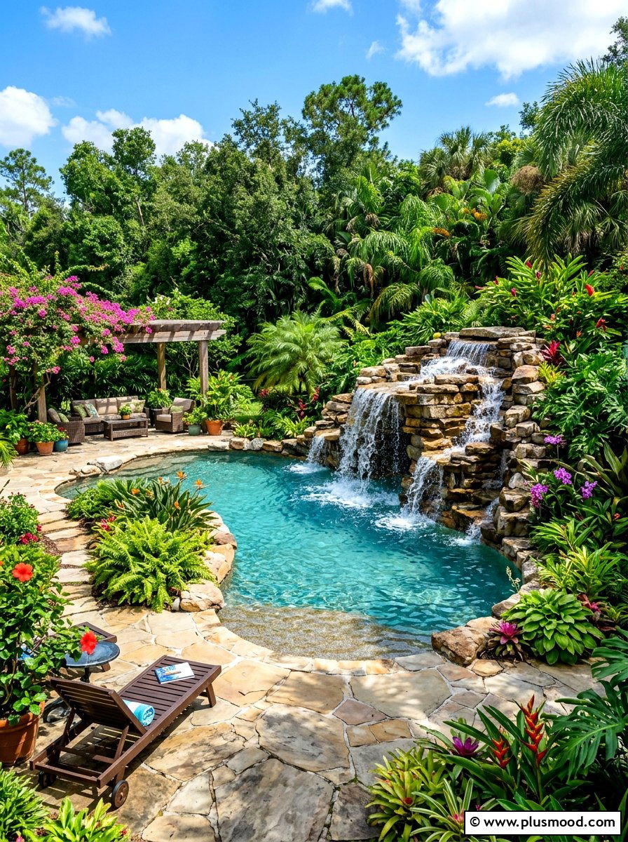 Waterfall Pool Feature - 25 summer pool landscaping ideas