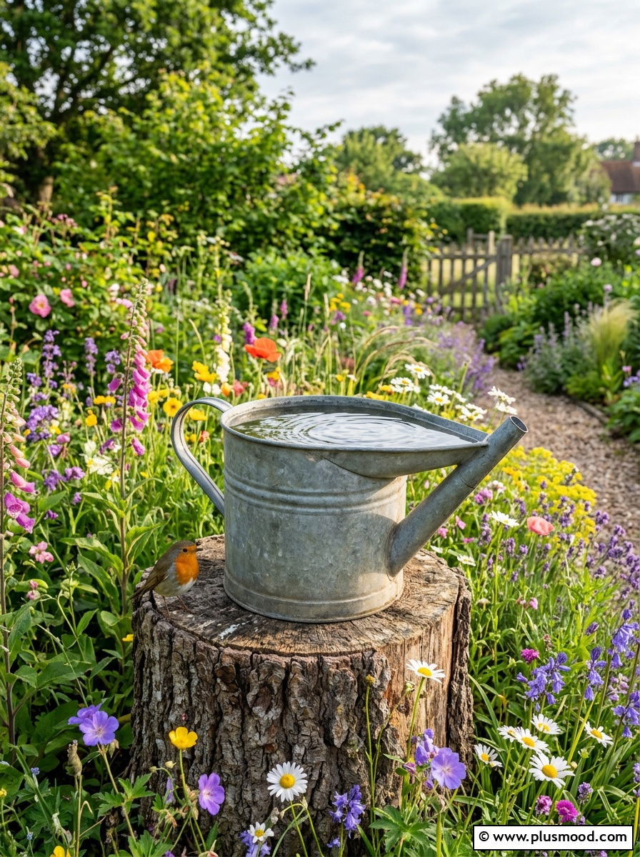 Watering can bird bath - 25 outdoor garden decor ideas with watering cans