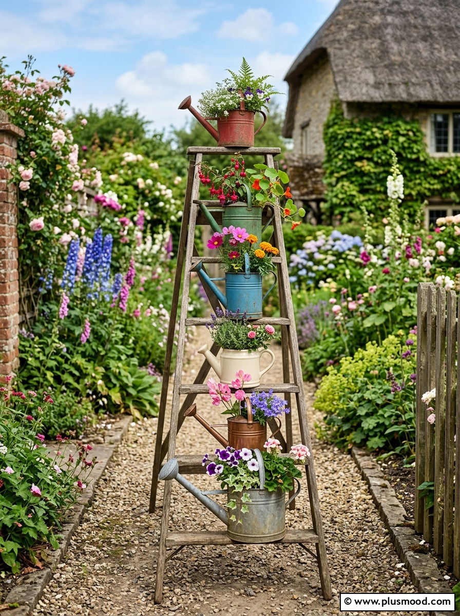 Watering can garden ladder - 25 outdoor garden decor ideas with watering cans