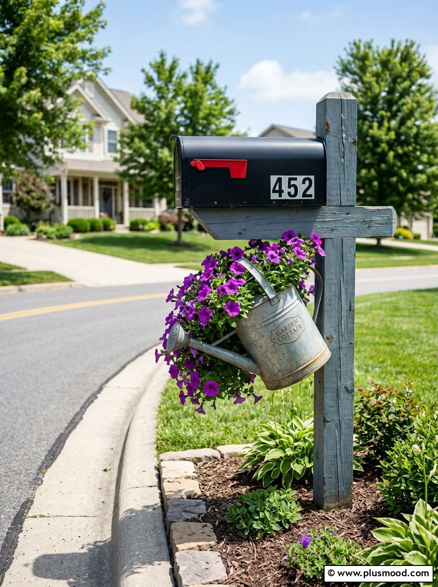 Watering can mailbox planter - 25 outdoor garden decor ideas with watering cans
