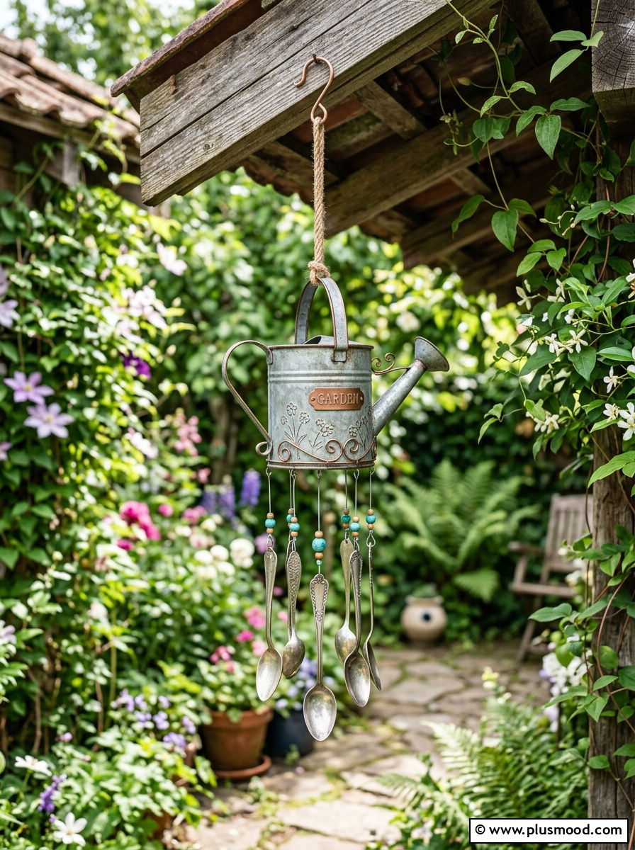 Watering can wind chime - 25 outdoor garden decor ideas with watering cans