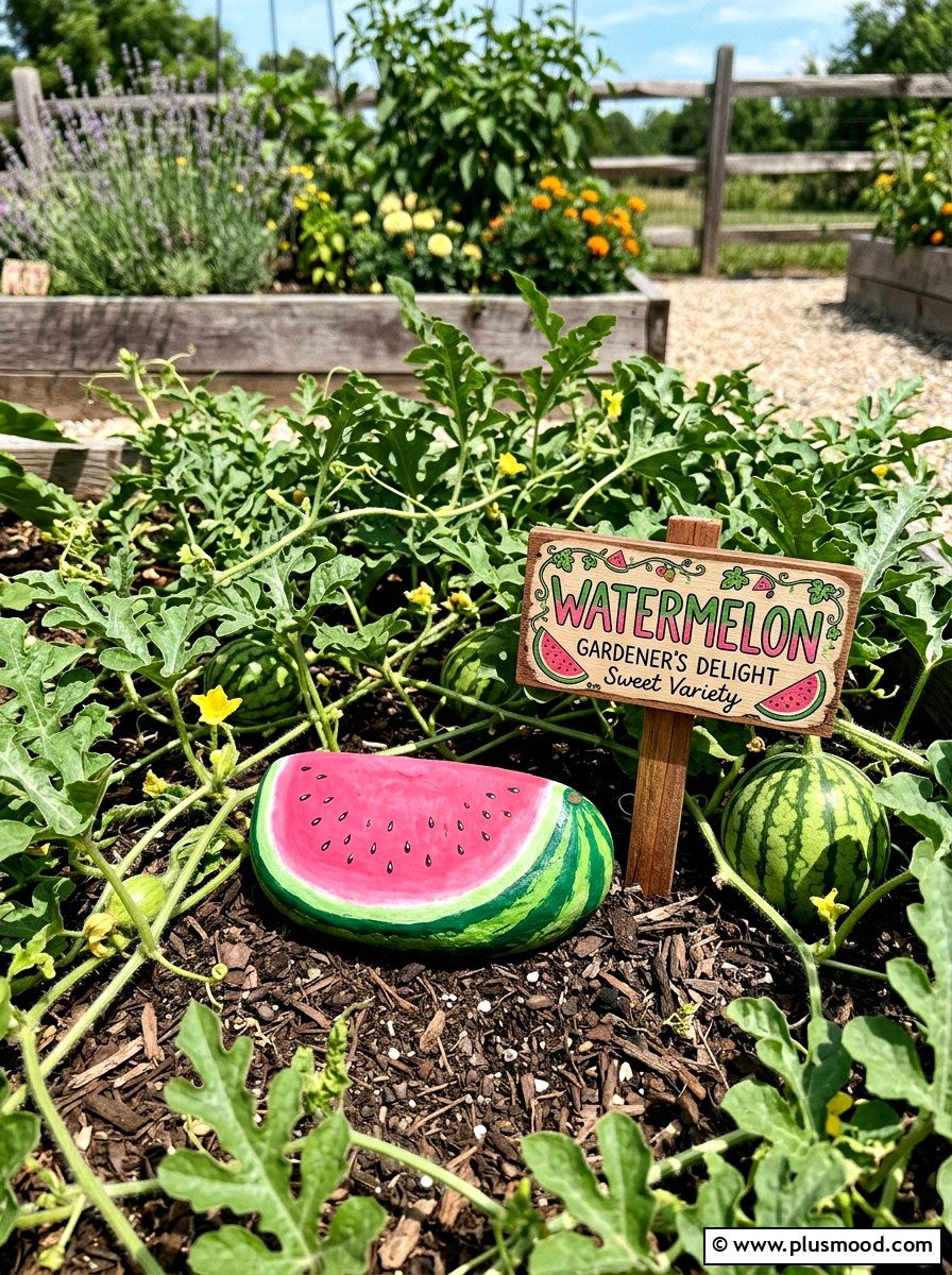 Watermelon Garden Stone - 25 painted rock ideas for plant markers