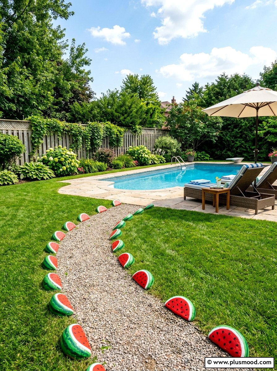 Watermelon Slice Garden Rock - 25 painted rock ideas for pathway markers