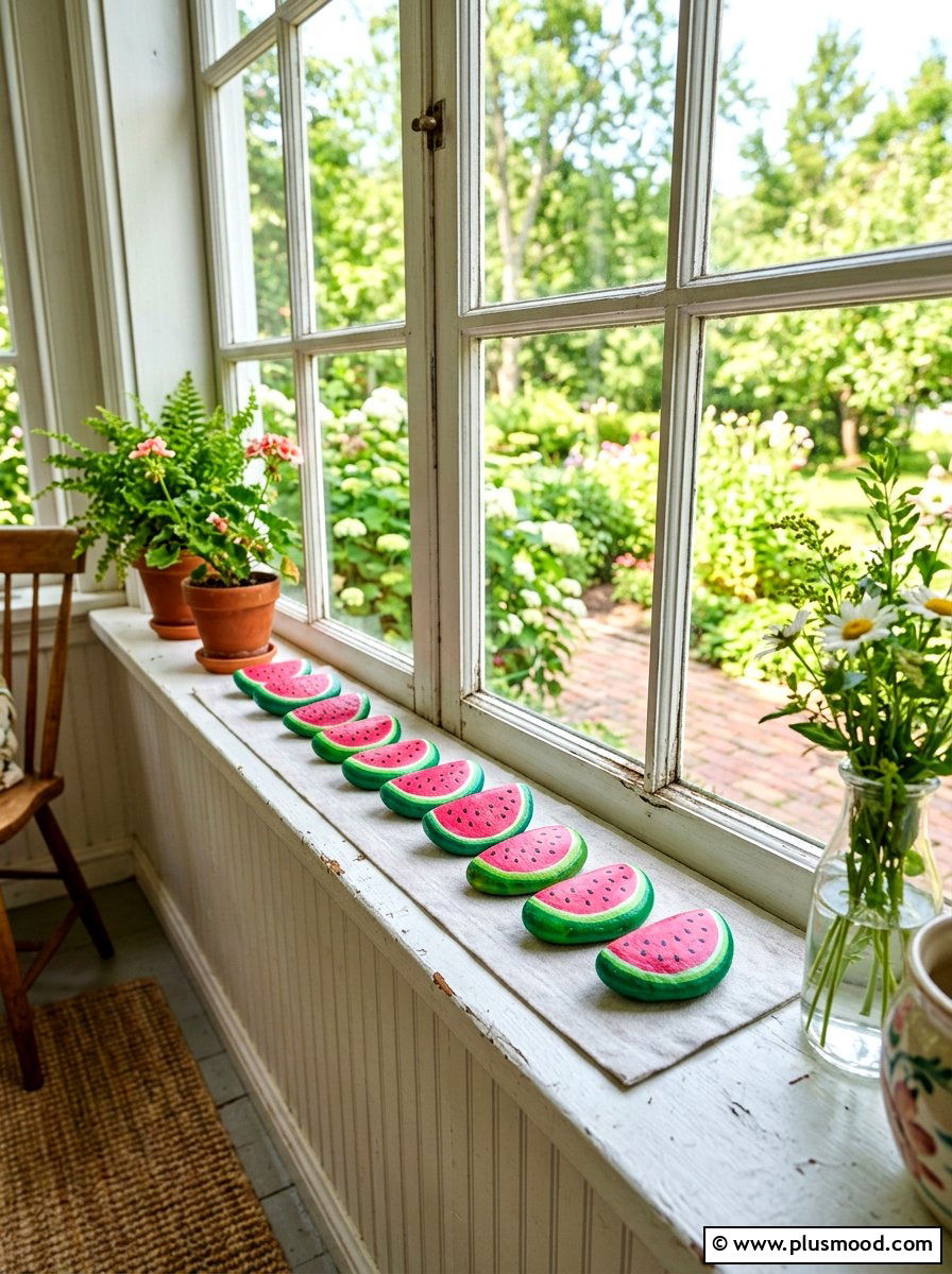 Watermelon Slice Rocks - 25 painted rock ideas for window sill display
