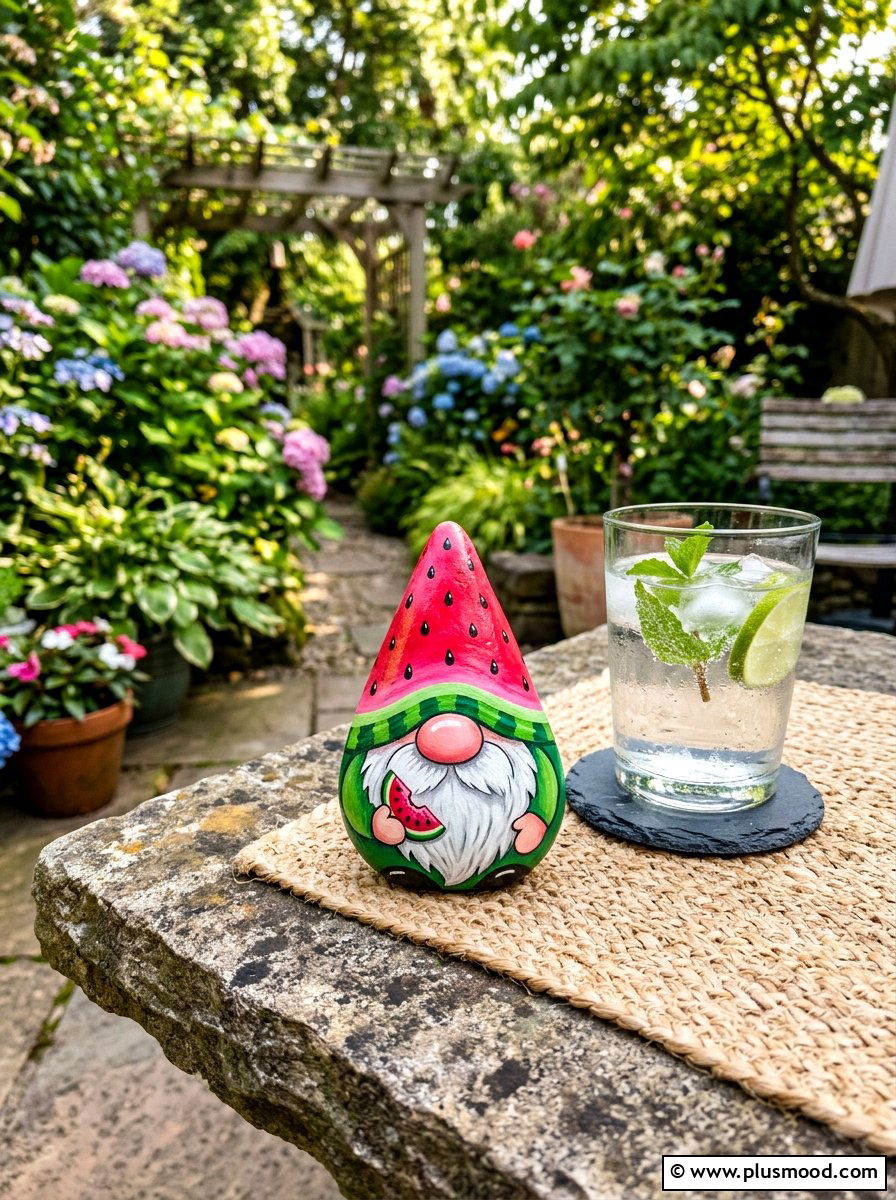 Watermelon gnome - 25 painted rock ideas with gnomes