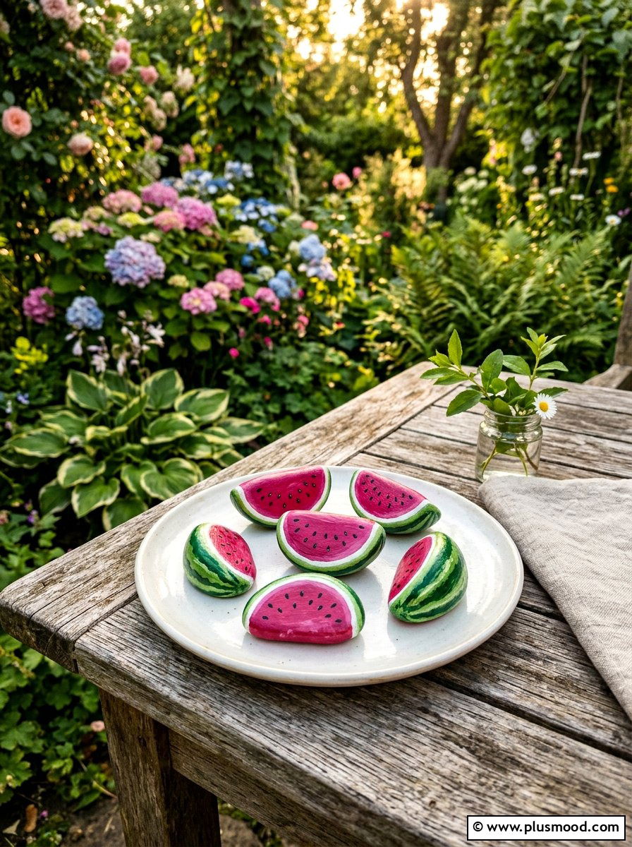 Watermelon slice rock art - 25 painted rock ideas with fruit design