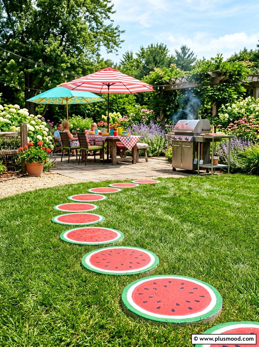 Watermelon stepping stones - 25 painted rock ideas for stepping stones