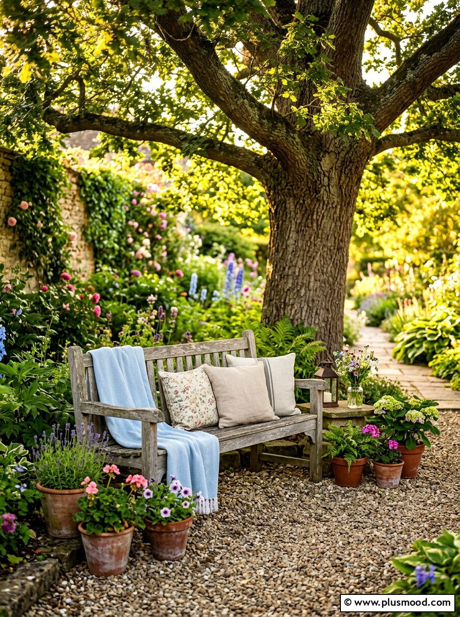 Weathered garden bench seating area - 25 summer French country summer decor ideas