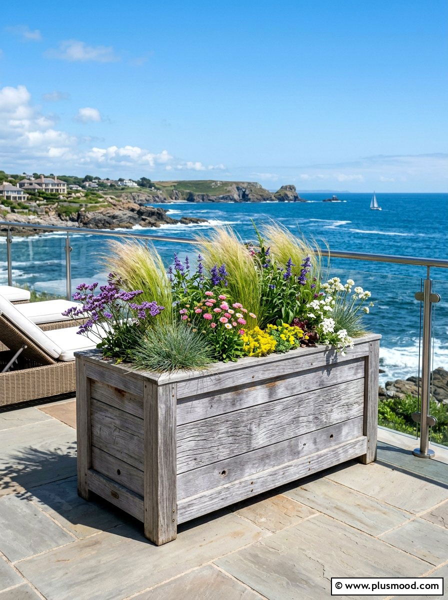Weathered teak rectangular planter - 25 summer coastal planter ideas