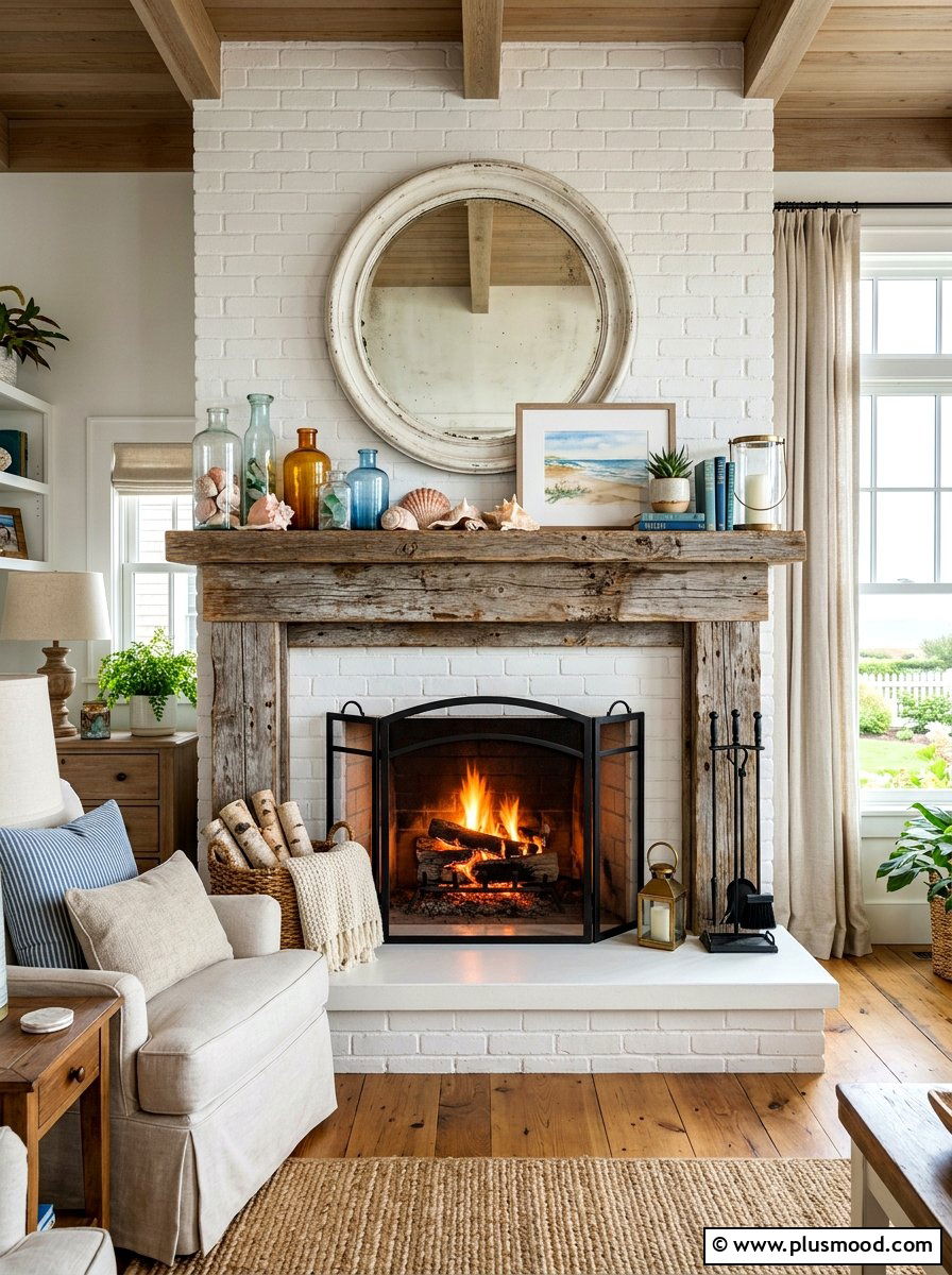 Weathered wood fireplace mantel - 25 summer English cottage summer decor ideas
