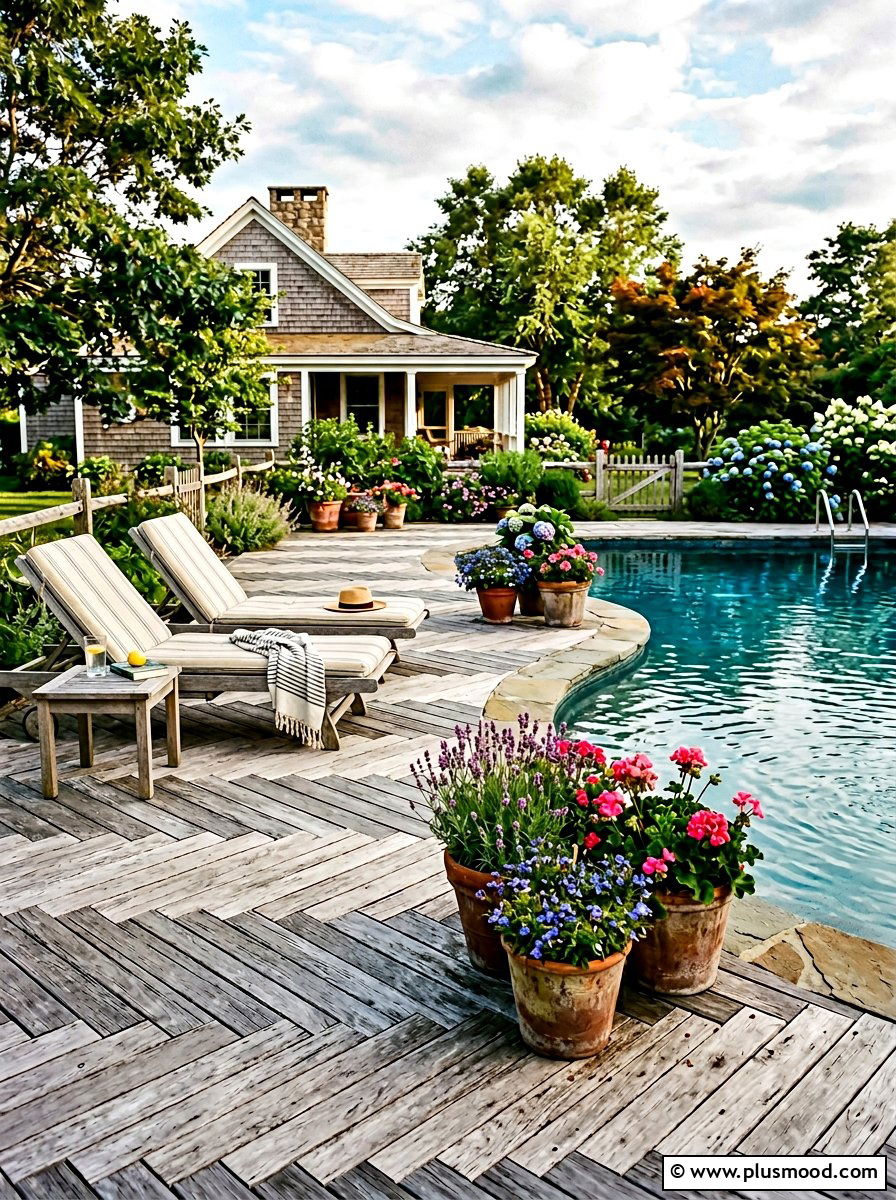Weathered wood pool deck - 25 pool landscaping ideas for cottagecore theme