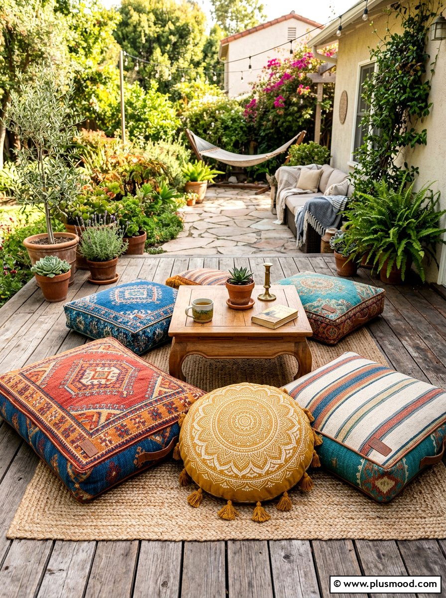 Weatherproof Floor Pillows - 25 small backyard ideas for renters