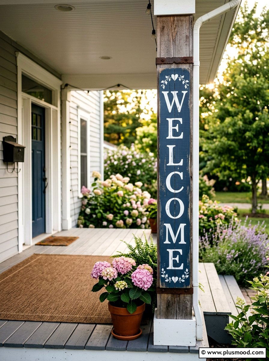 Welcome board porch column - 25 summer porch column decor ideas