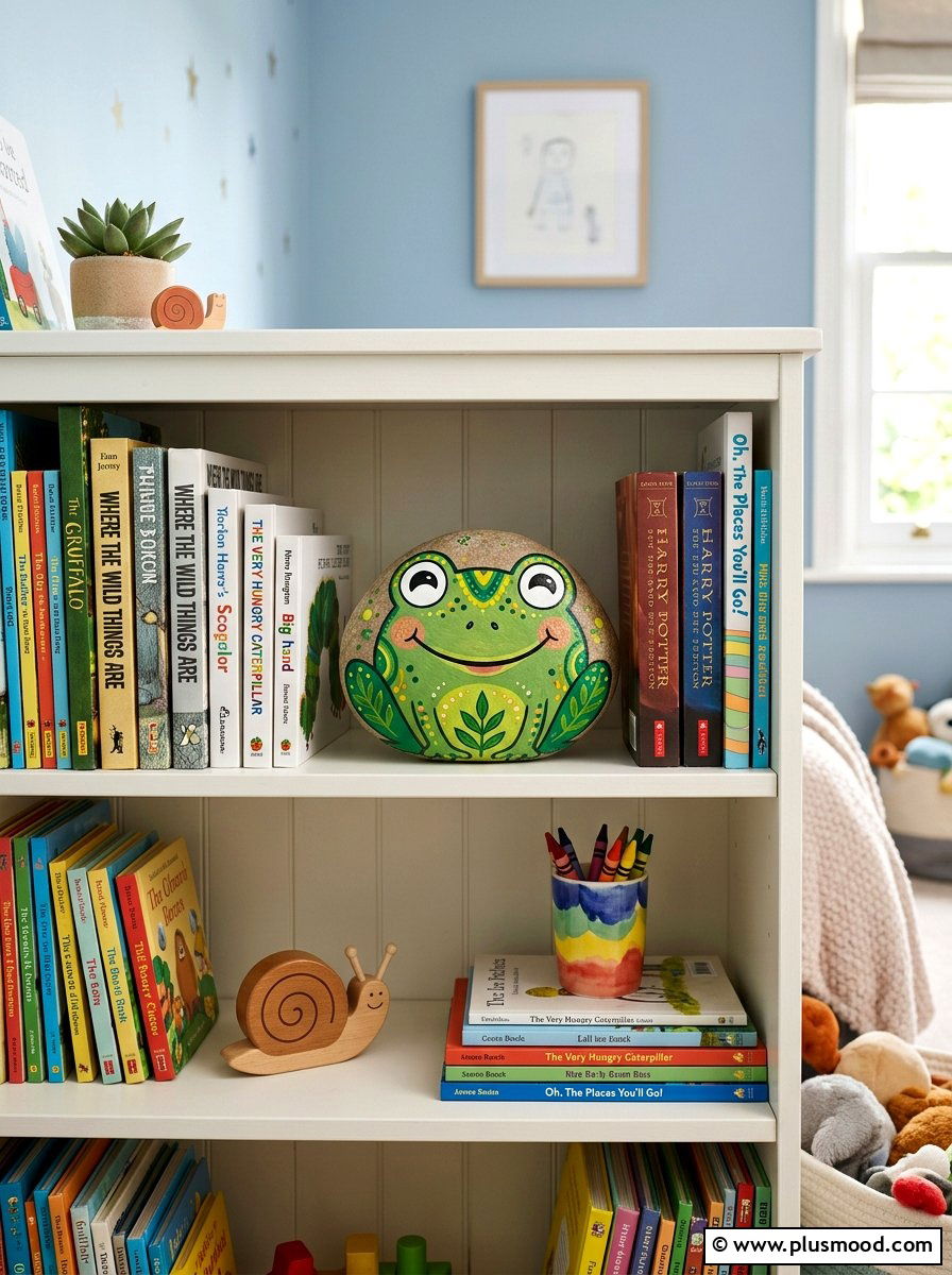 Whimsical frog face rock - 25 painted rock ideas with frog art