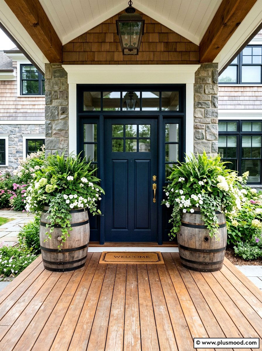 Whiskey Barrel Planter - 25 summer rustic front porch ideas