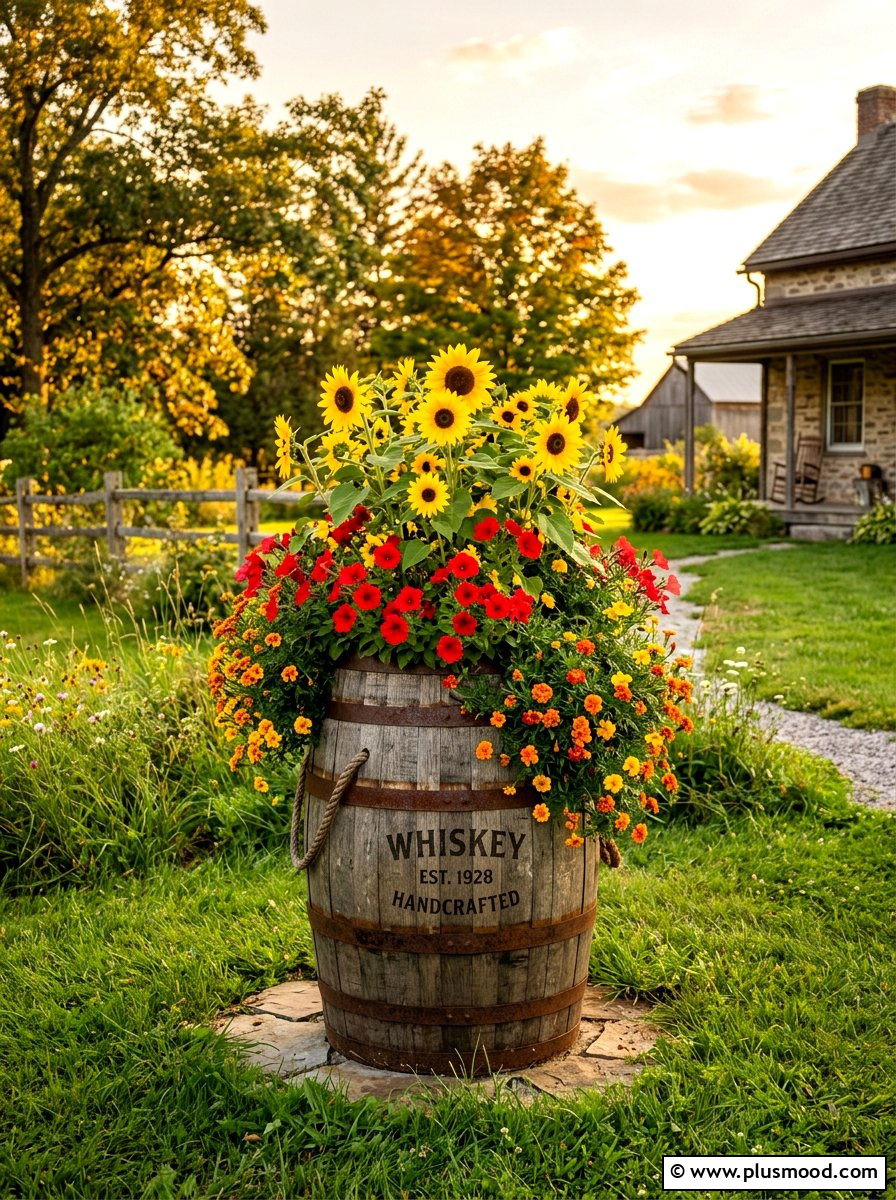 Whiskey barrel garden - 25 summer garden pot arrangement ideas