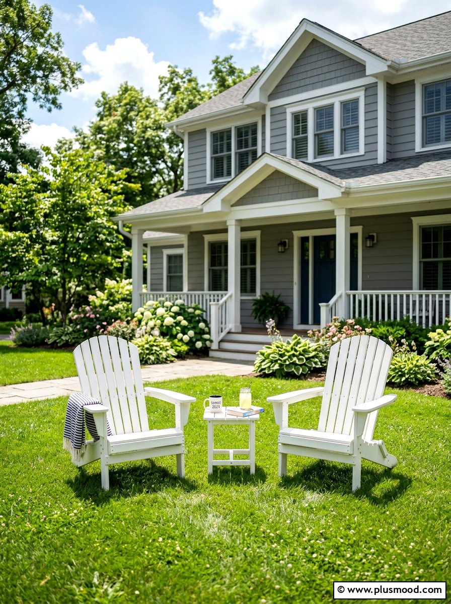 White Adirondack Chairs - 25 summer neutral curb appeal ideas