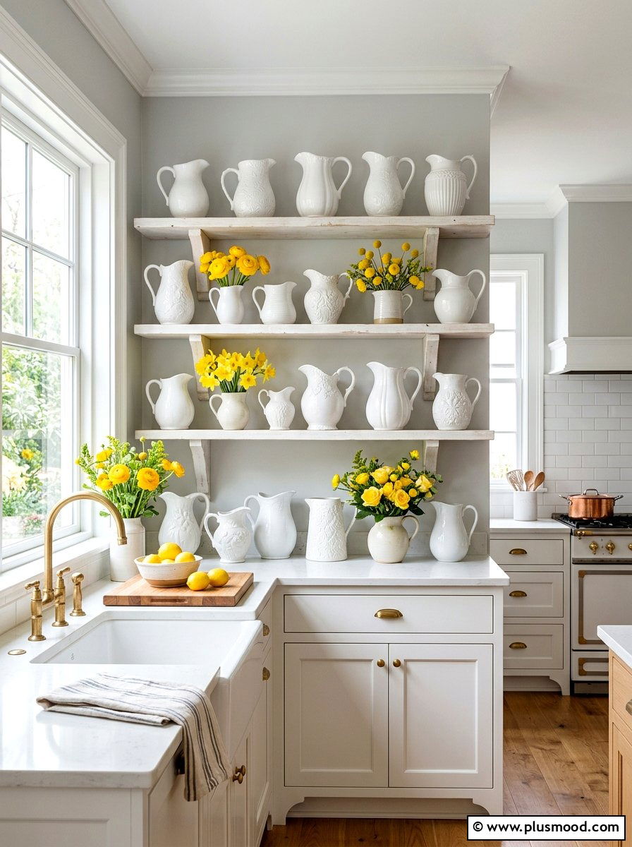 White Ceramic Pitchers - 25 summer kitchen shelf decor ideas