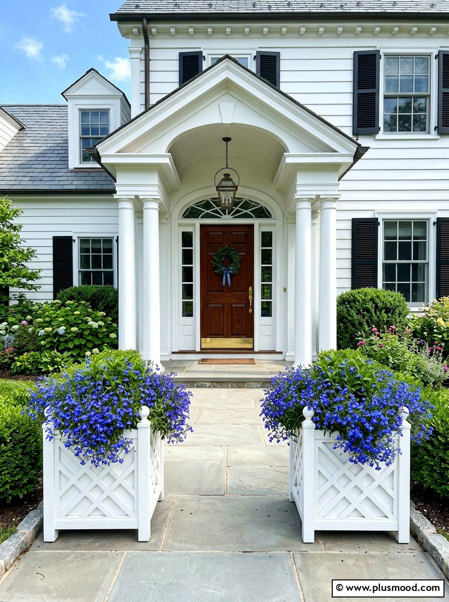 White Chippendale Planters Blue Flowers - 25 summer front porch decor ideas with blue and white
