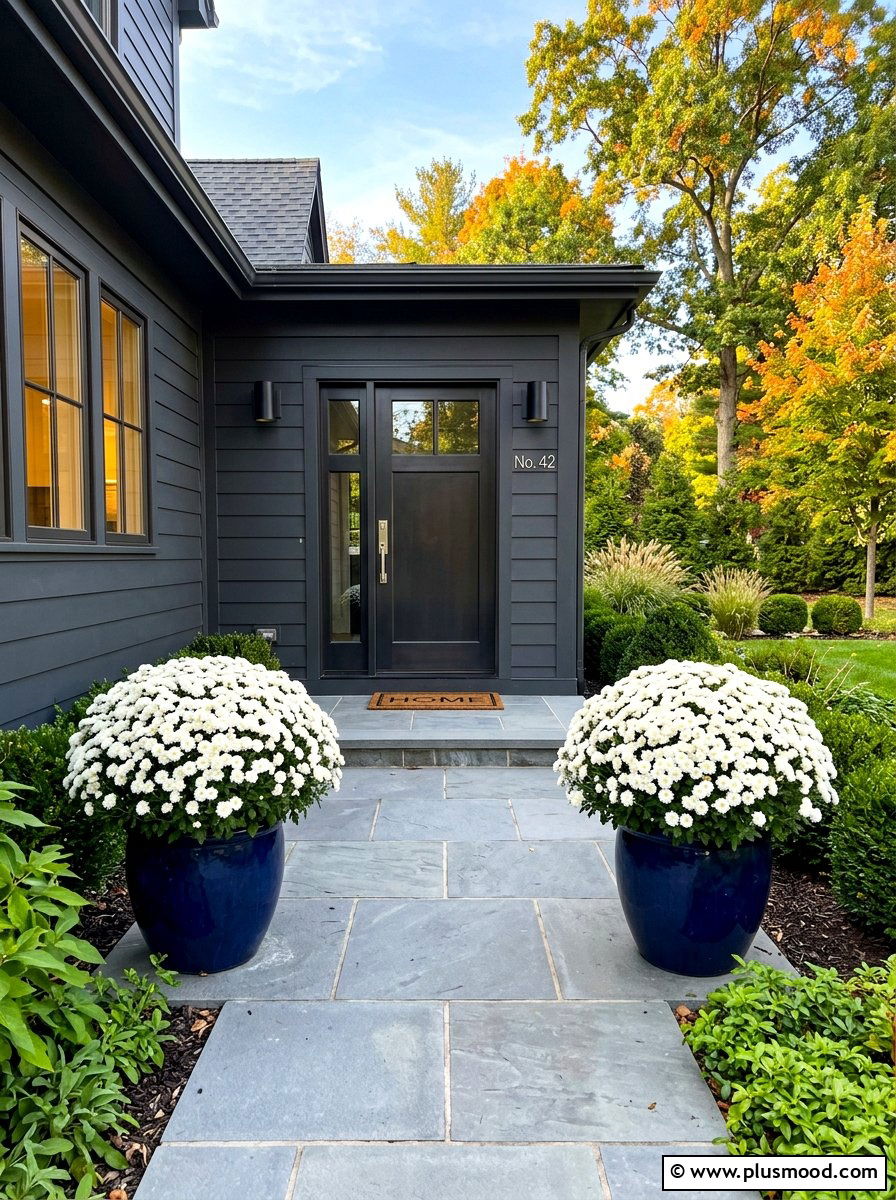 White Chrysanthemum Porch Display - 25 late summer planter ideas for porch