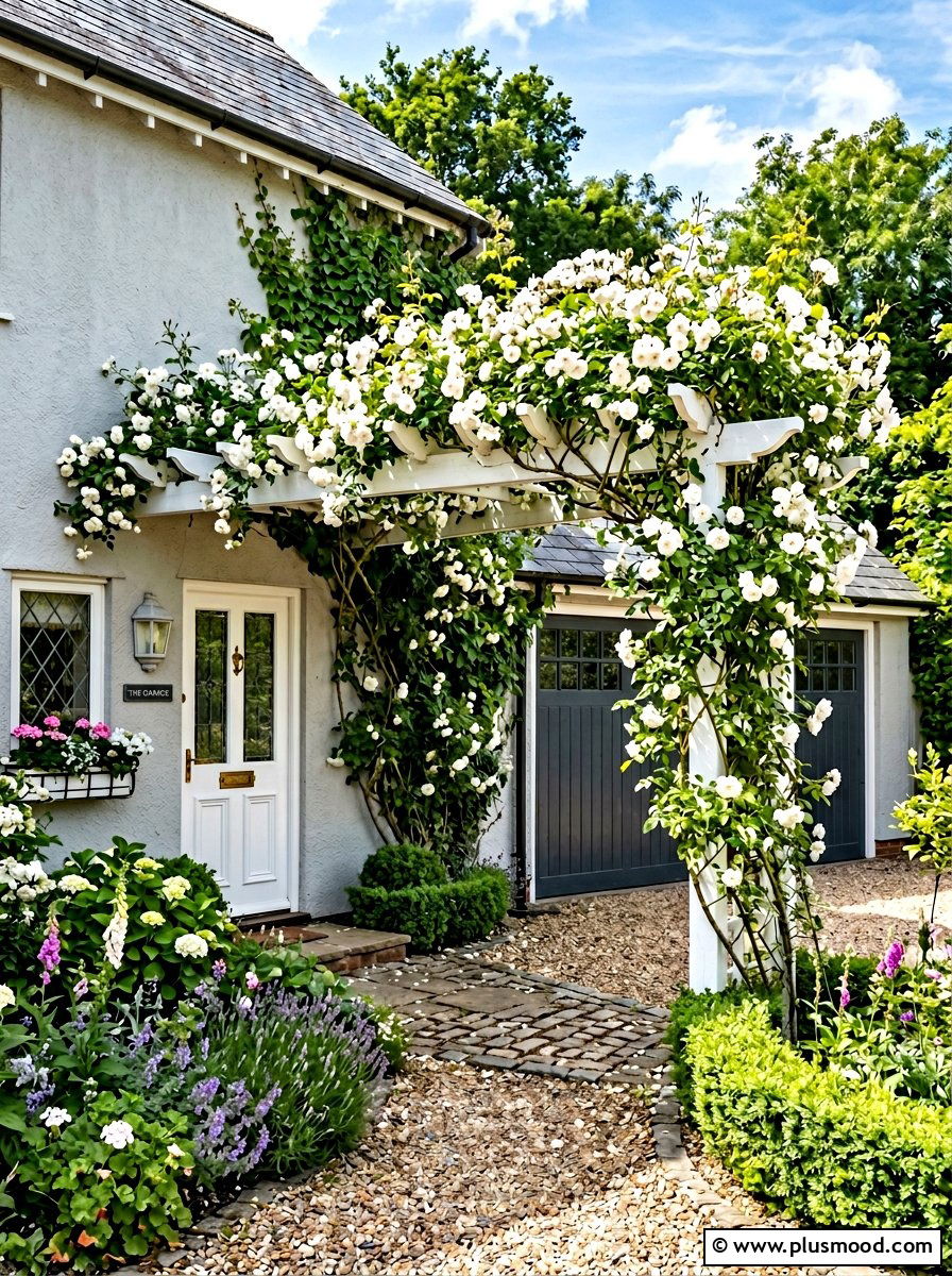 White Climbing Rose Pergola - 25 summer neutral curb appeal ideas