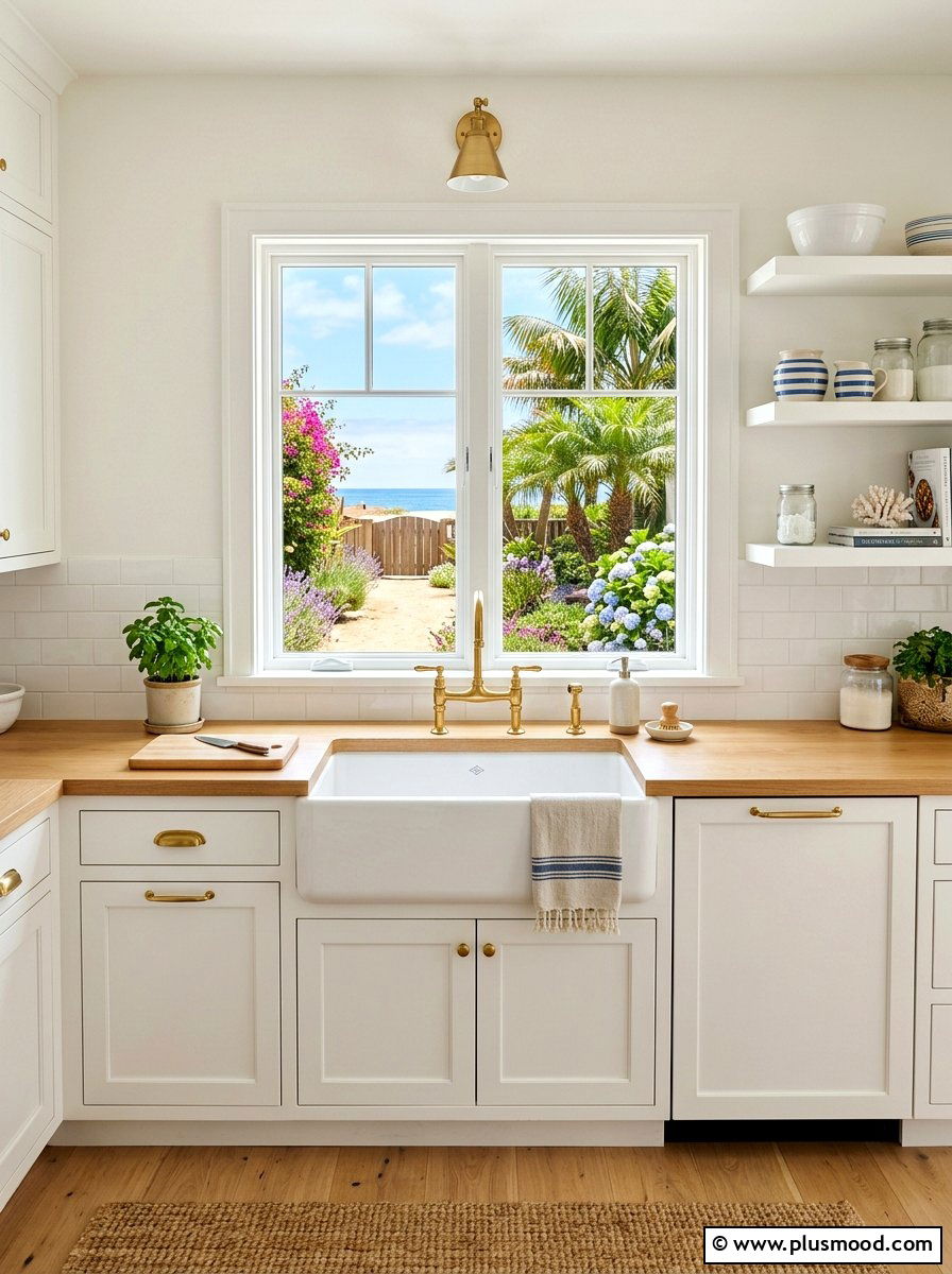 White Farmhouse Kitchen Sink - 25 summer coastal kitchen ideas