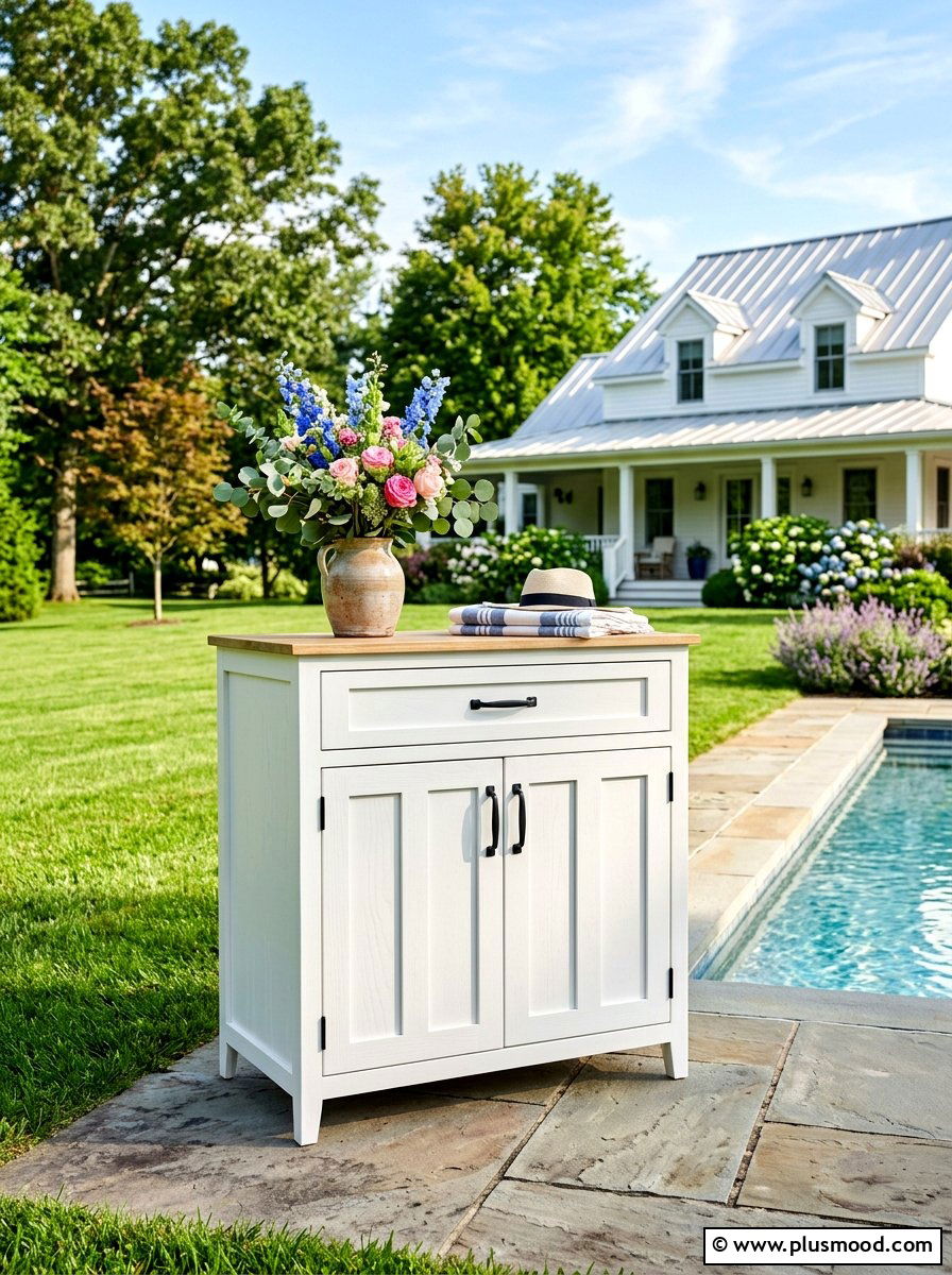 White Farmhouse Pool Cabinet - 25 summer towel station ideas for pool area