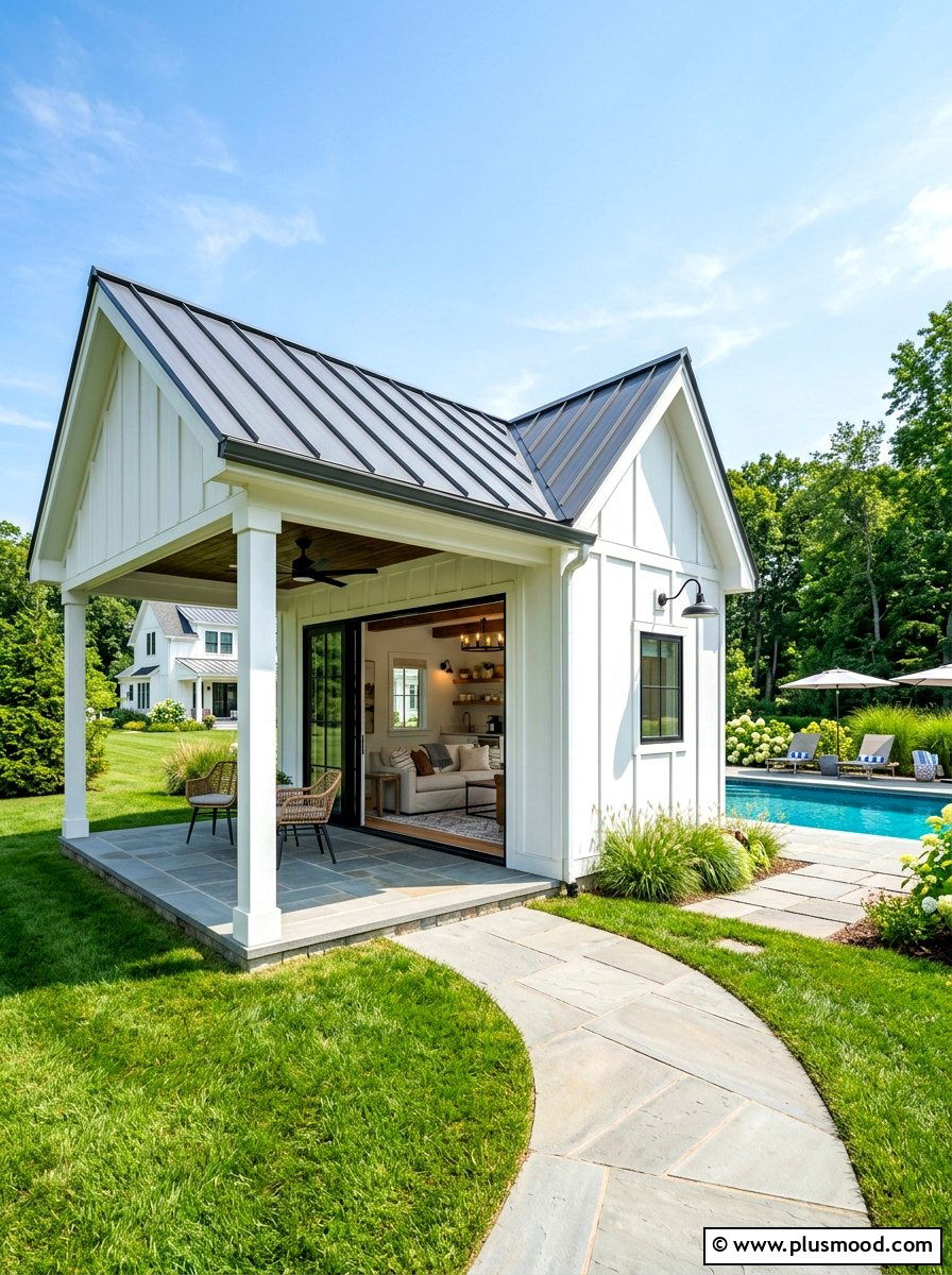 White Farmhouse Pool House - 25 summer farmhouse pool area ideas