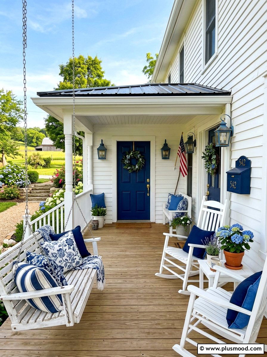 White Farmhouse Porch Blue Accents - 25 summer front porch decor ideas with blue and white