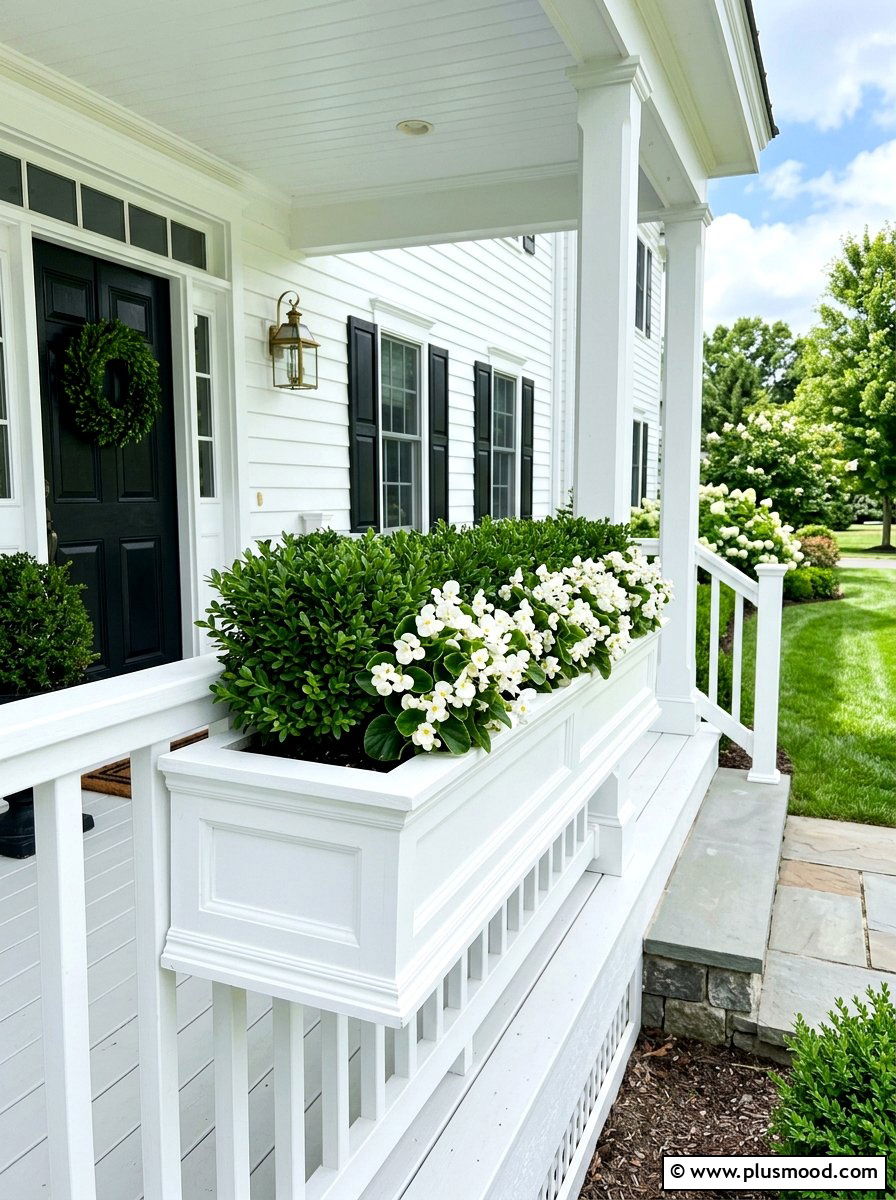 White Farmhouse Rail Planter - 25 summer porch rail planter ideas