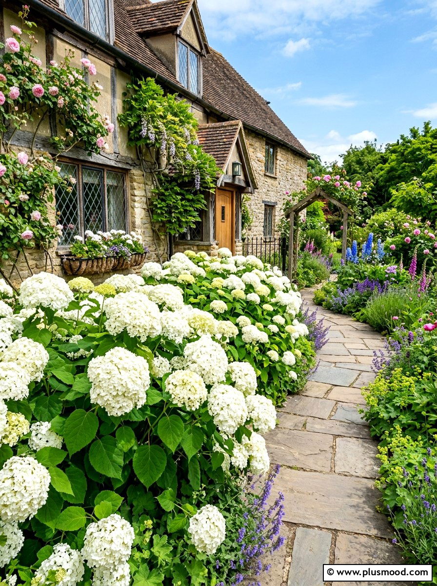 White Hydrangea Border - 25 summer foundation planting ideas