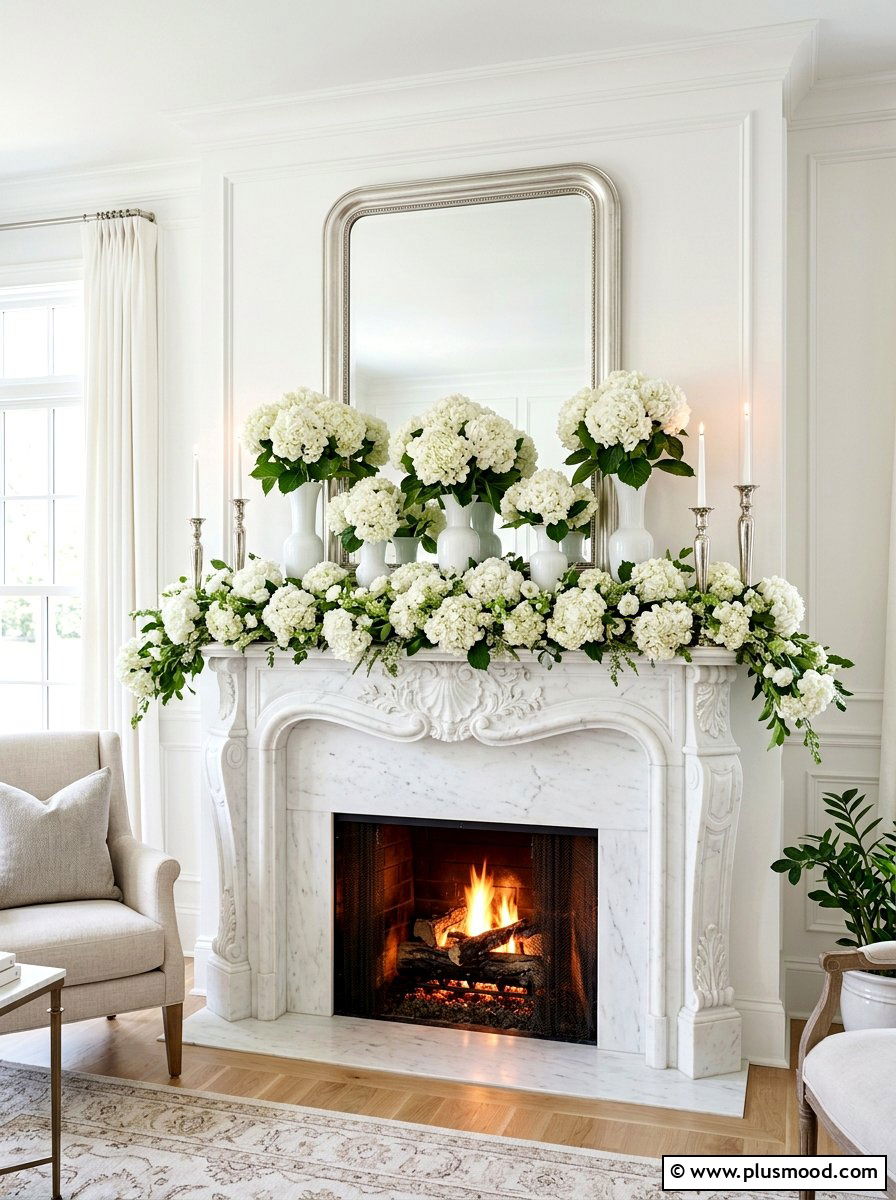 White Hydrangea Fireplace Mantel - 25 late summer hydrangea decor ideas