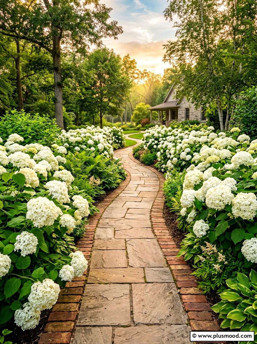White Hydrangea Walkway - 25 summer hydrangea garden ideas
