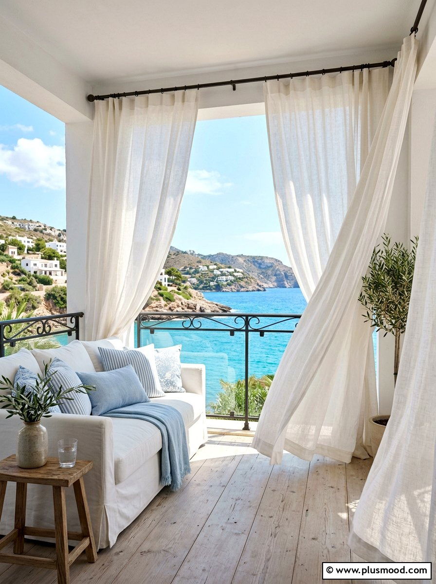 White Linen Balcony Curtain - 25 summer coastal balcony ideas