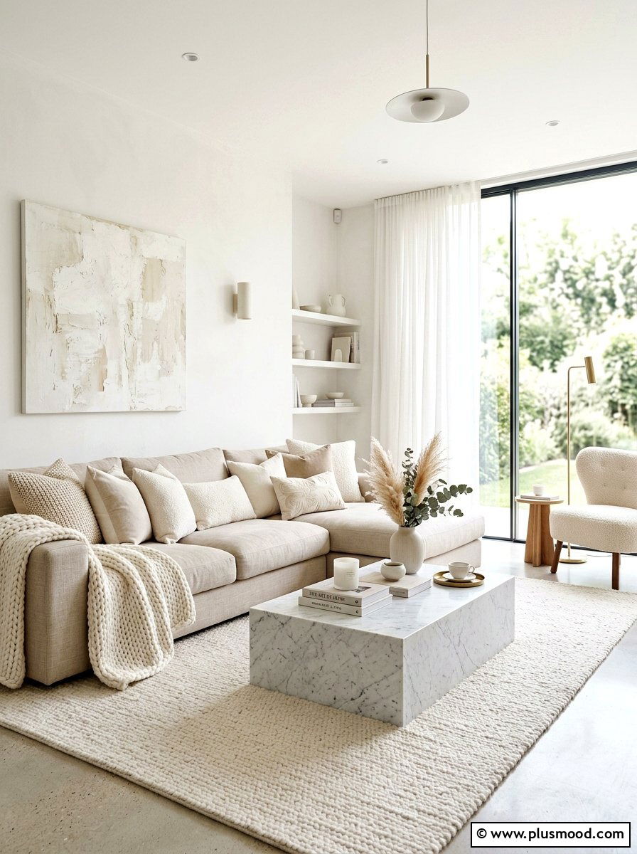 White Monochrome Layering Living Room - 25 summer decor ideas for beige living room