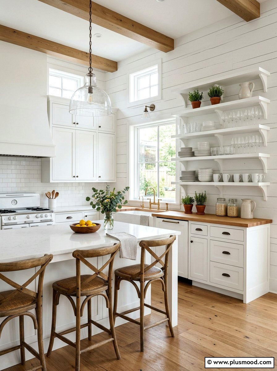 White Open Shelving - 25 summer farmhouse kitchen decor ideas