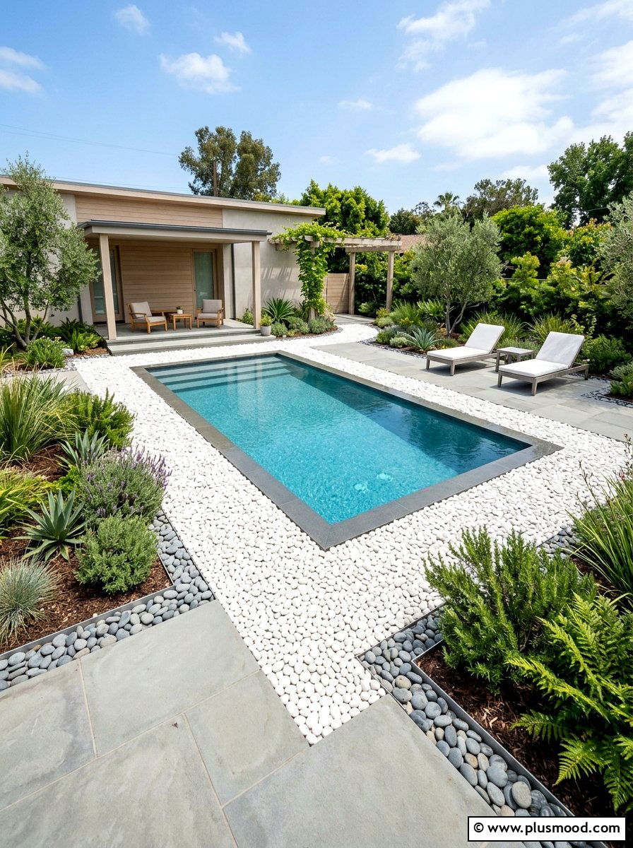 White Pebble Border - 25 pool landscaping ideas for courtyard pools